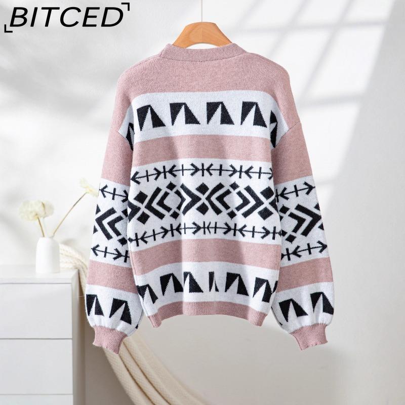 BITCED Fall/Winter Oversized Relaxed-Fit Jacquard Color-Block Knit Cardigan Sweater Jacket for Women