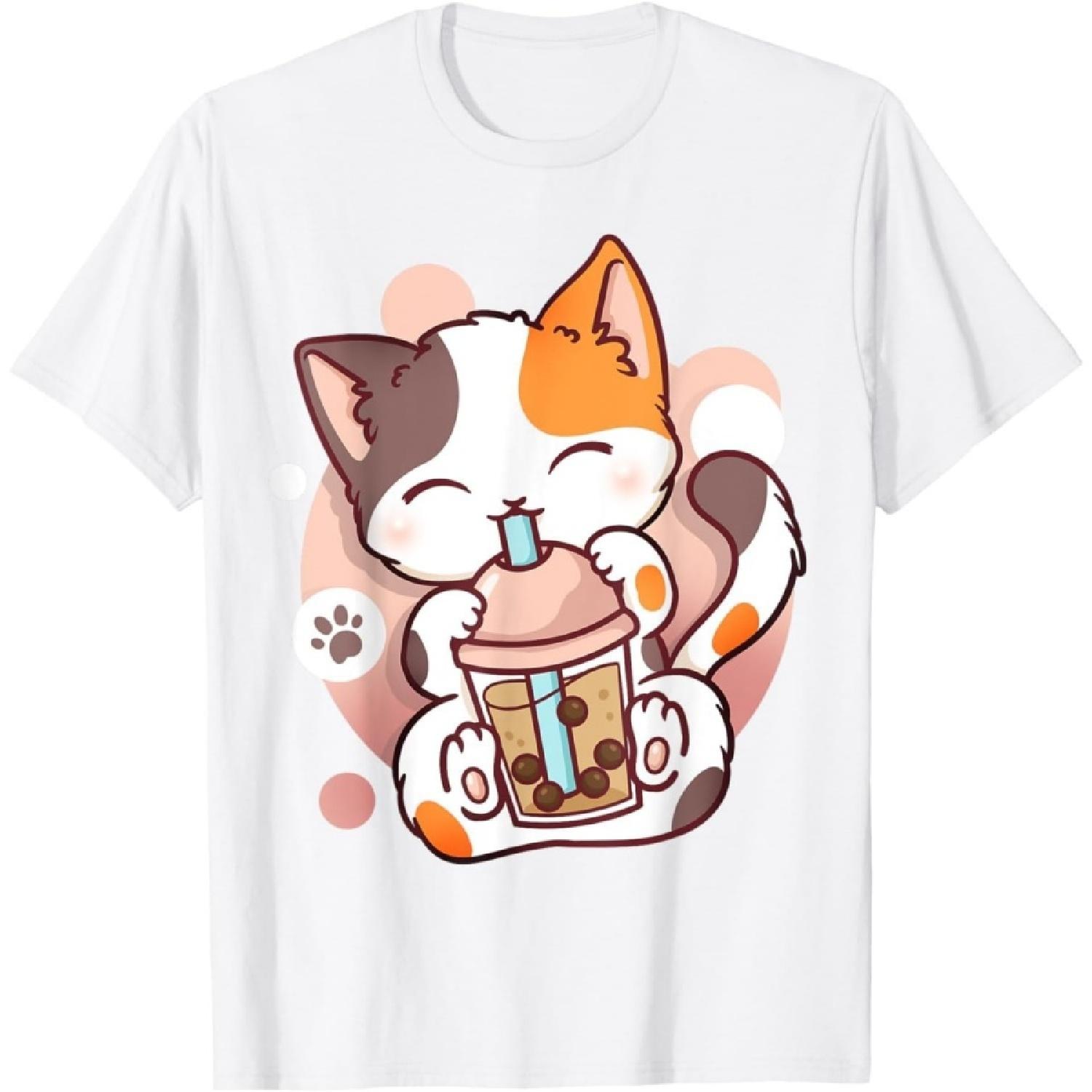HQDSAD Cat Boba Tea Bubble Tea Anime Kawaii Neko T-Shirt S