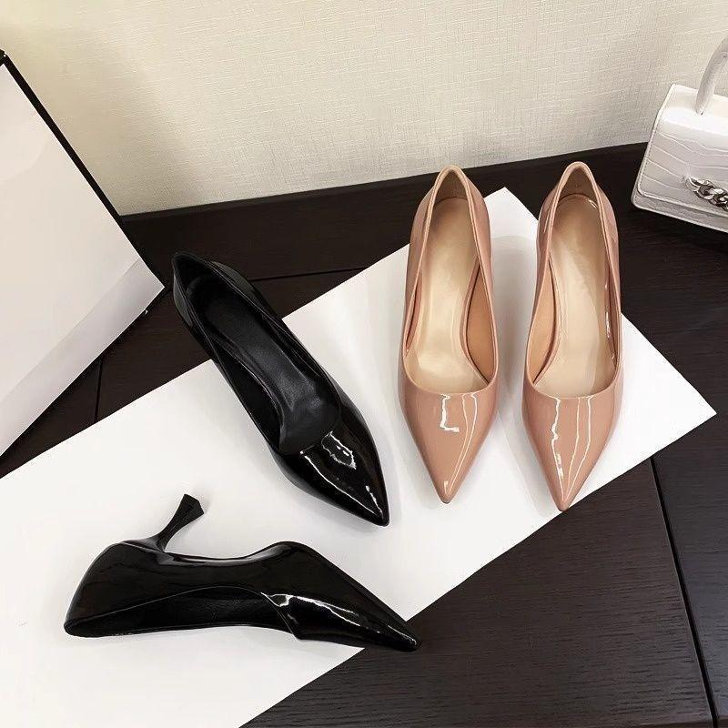 Nude high heels women's stilettos 2025 spring and autumn new patent leather pointed single shoes with skirts professional work shoes single shoes