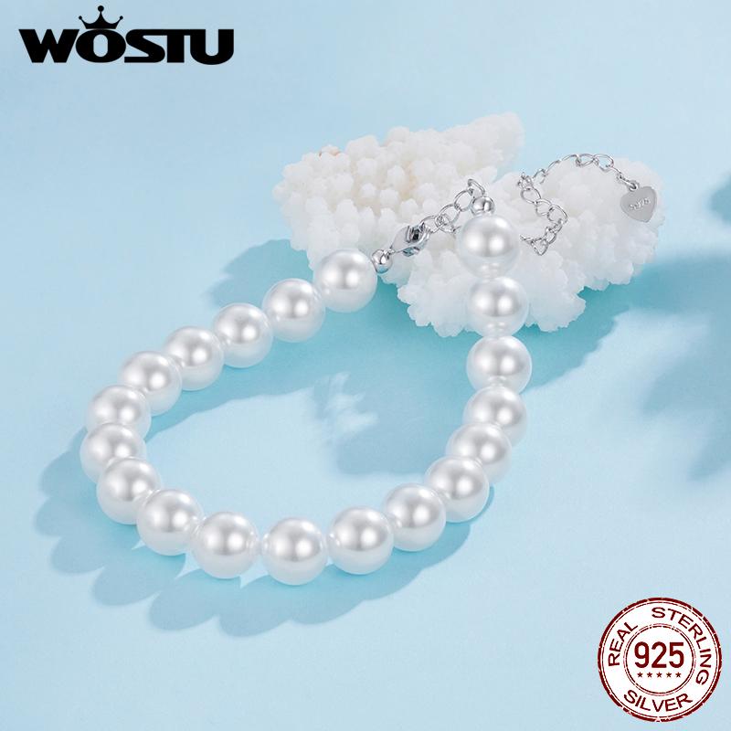 WOSTU 925 Sterling Silver Shell Pearl Bracelet Neckalce Women Wedding Jewelry Set Pearl Wrist Link Elegant Gift For Mom 5-12 Mm