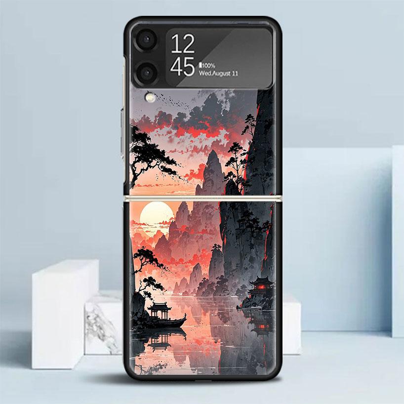 Chinese Style ink Painting Art Black Cover for Samsung Galaxy Z Flip 7 6 5 4 3 5G Phone Case Flip7 Flip6 Flip5 Flip4 Flip3 Patte