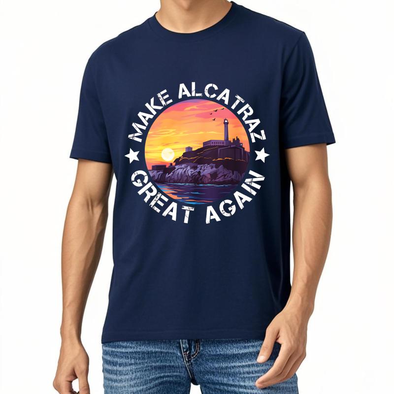 

Casual Summer Women T Shirt Make Alcatraz Great Again Sunset Island Scene Short Sleeve Printed Crew Neck Tops Teeshirt For Man 4XL