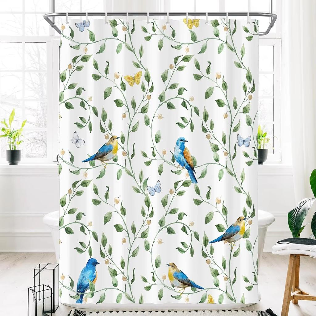 Simple Leaf Pattern Shower Curtain, Bathroom Decorative Leaves Shower Curtains, Home Printed Polyester Fabric Curtain with Hooks