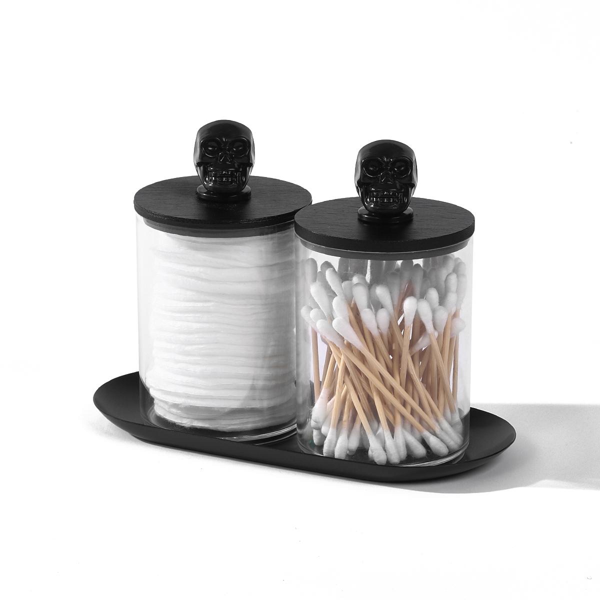 

Qtip Holder Dispenser 2 Pack Acrylic Apothecary Jars Canisters with Tray, Bathroom Jars Set Cotton Ball Qtip Holder Halloween