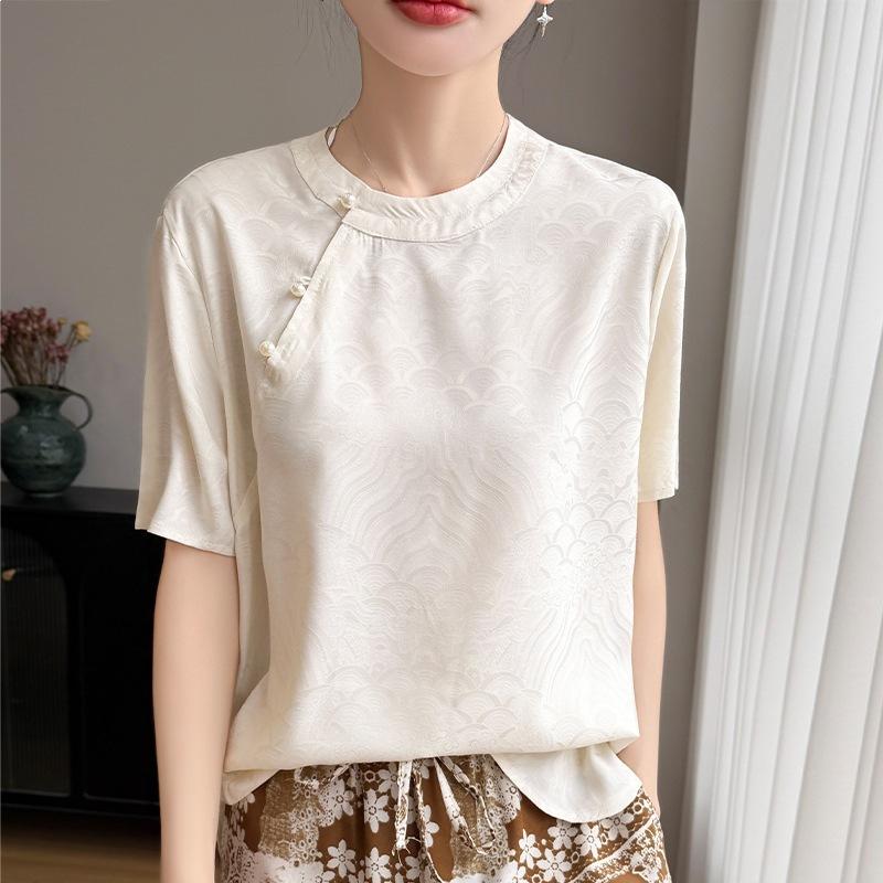 Summer New Round Collar Short-sleeved T-shirt Female National Style Foreign Style Show Thin Reduce Age Jacquard Jacket