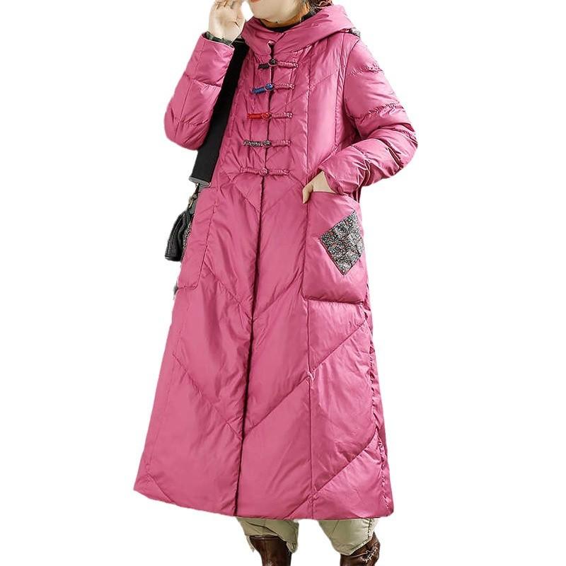 Down jacket women's retro ethnic style white duck down, winter buckle sticker thickened warm long hooded and thin outer