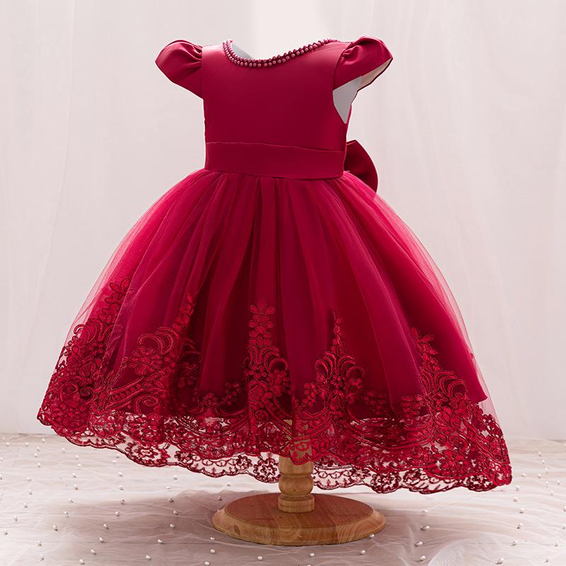 Girls' Princess Dress with Bow, Flutter Sleeves, Tail, and Puffy Skirt - Flower Girl Wedding Outfit