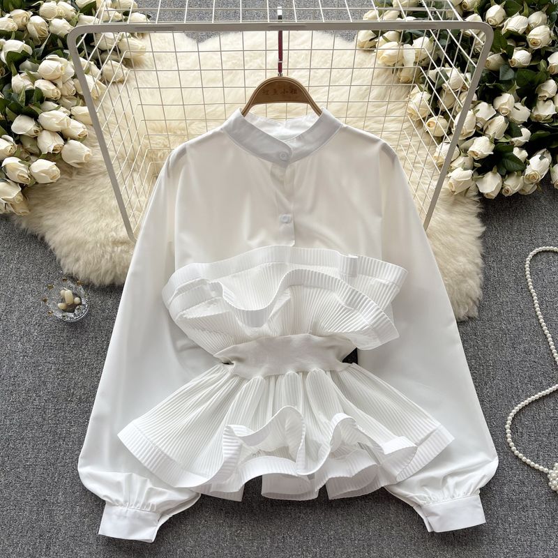 Socialite Puff Sleeves Autumn Waist Trimming Ruffles Shirt