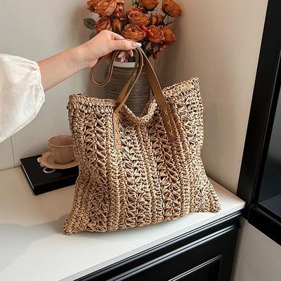 Borsa da spiaggia da donna in paglia intrecciata, tessuta a mano, grande capacità, borsa a spalla semplice da viaggio, tote da pendolarismo, borsa a mano casual