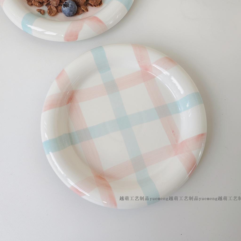 INS Wind High Beauty Stripe Wave Dot Under Glaze Ceramic Plate Dudu Dessert Plate Korean Breakfast Set VLOG Plate Dinner Set
