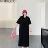 MODIQUE Summer Plus Size New Women Loose A-Line Printing Solid Color Long Dresses Elegant Lady Casual Cotton POLO Short Sleeve Skirt