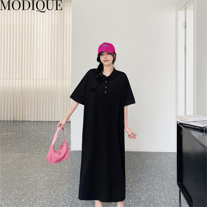 MODIQUE Summer Plus Size New Women Loose A-Line Printing Solid Color Long Dresses Elegant Lady Casual Cotton POLO Short Sleeve Skirt