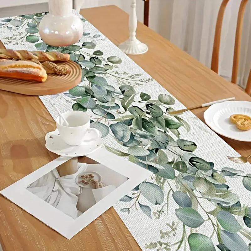 1PC Eucalyptus Leaves Spring Summer Linen Rectangular Table Runner Home Party Decor Green Plant Design