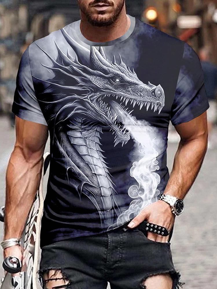 New Summer Daily Casual Men's Tops Street Fashion Dragon And Skull Printed Men's T-shirt Outdoor Sports Light Mens Tee