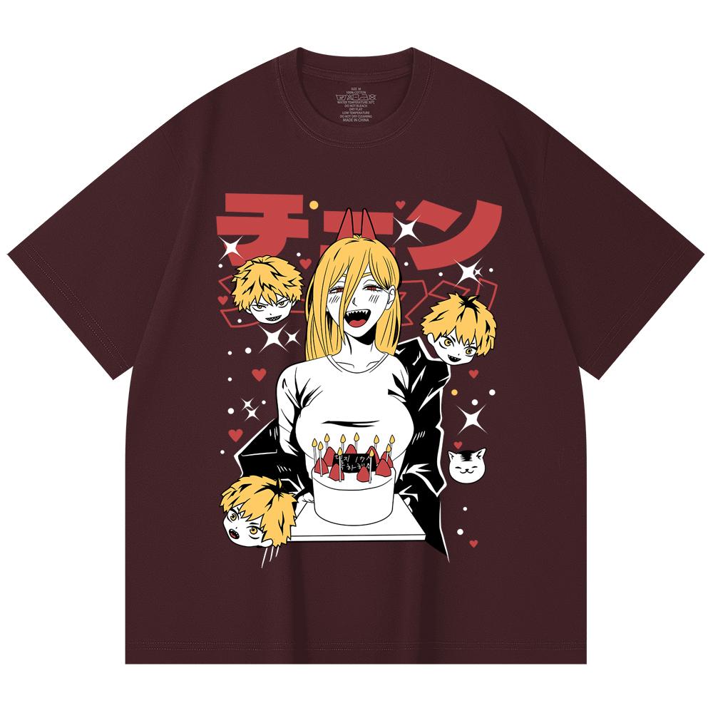 

230 Gsm 100% Cotton Chainsaw Man V48 Power Cake Print Unisex Heavy Cotton T Shirt 2XL вина червоного кольору