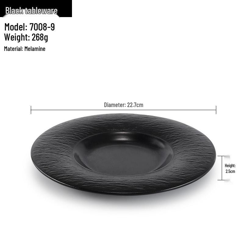 Melamine Black Round Plate for Pasta, Steak, Hot Pot, BBQ, and Tableware