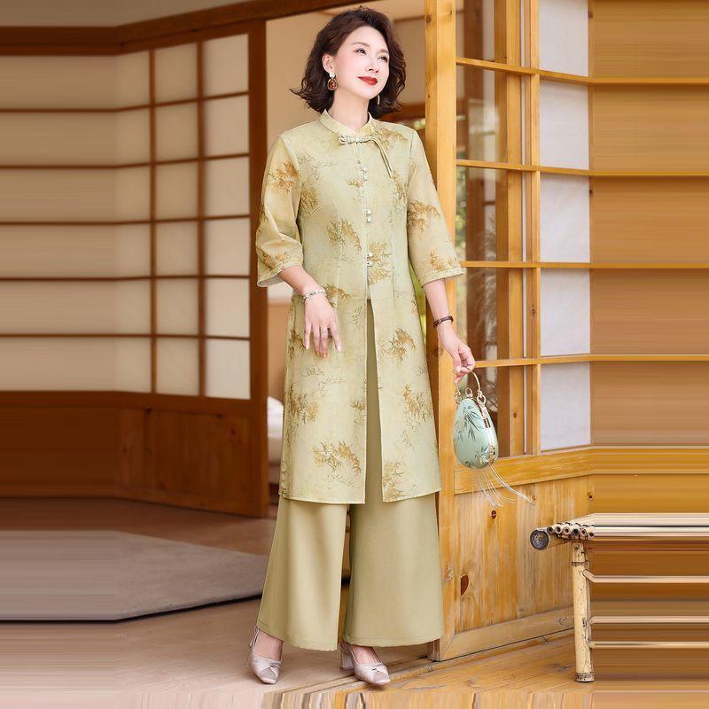 

Middle-aged Women s Summer Outfit: Mid-length Jacket & Wide-leg Pants Set with Seven-sleeved Chinese Style Top. 2XL (Recommended 105-120 catties)