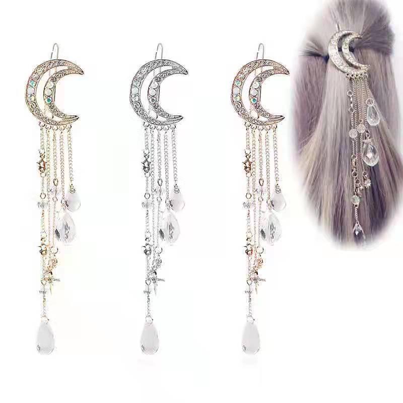 European & American Fashion Crescent Crystal Moon Tassel Hairpin for Women