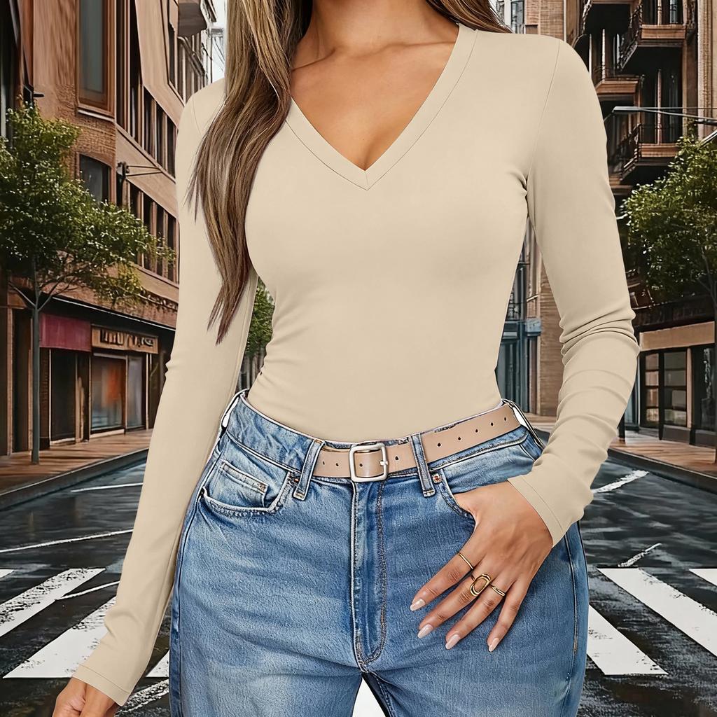 Women's Color V,Neck Slim,Fit Long,Sleeve Top