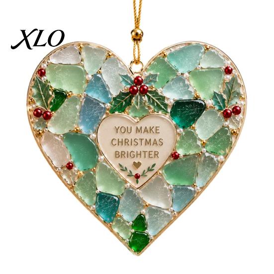Festive Party Decor 2Pcs Sea Glass Christmas Ornament, Seaglass Heart Bird Angel Tree Star Holiday Supplies Snowman Pendant, Handmade Xmas Hanging