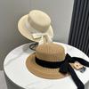 Korean Edition Summer Flat Top Straw Hat with Ribbon Bow Seaside Beach Vacation Sunscreen Hat for Children