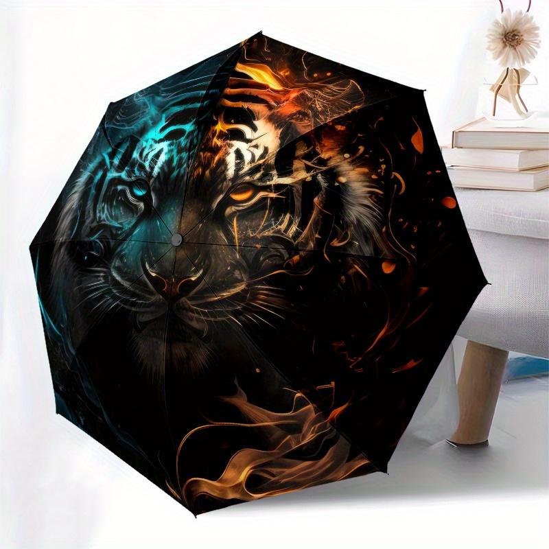 Flame & Ice Tiger Artistic Umbrella - 3-Fold Compact Portable Design, Stylish Wall Decor for Men & Women, Perfect Valentine'S
