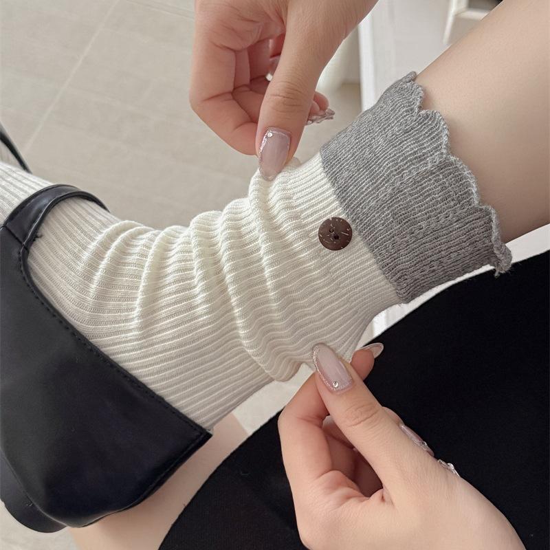 Ladies Autumn Winter Flanging Button Lace Mid Tube Stack Socks