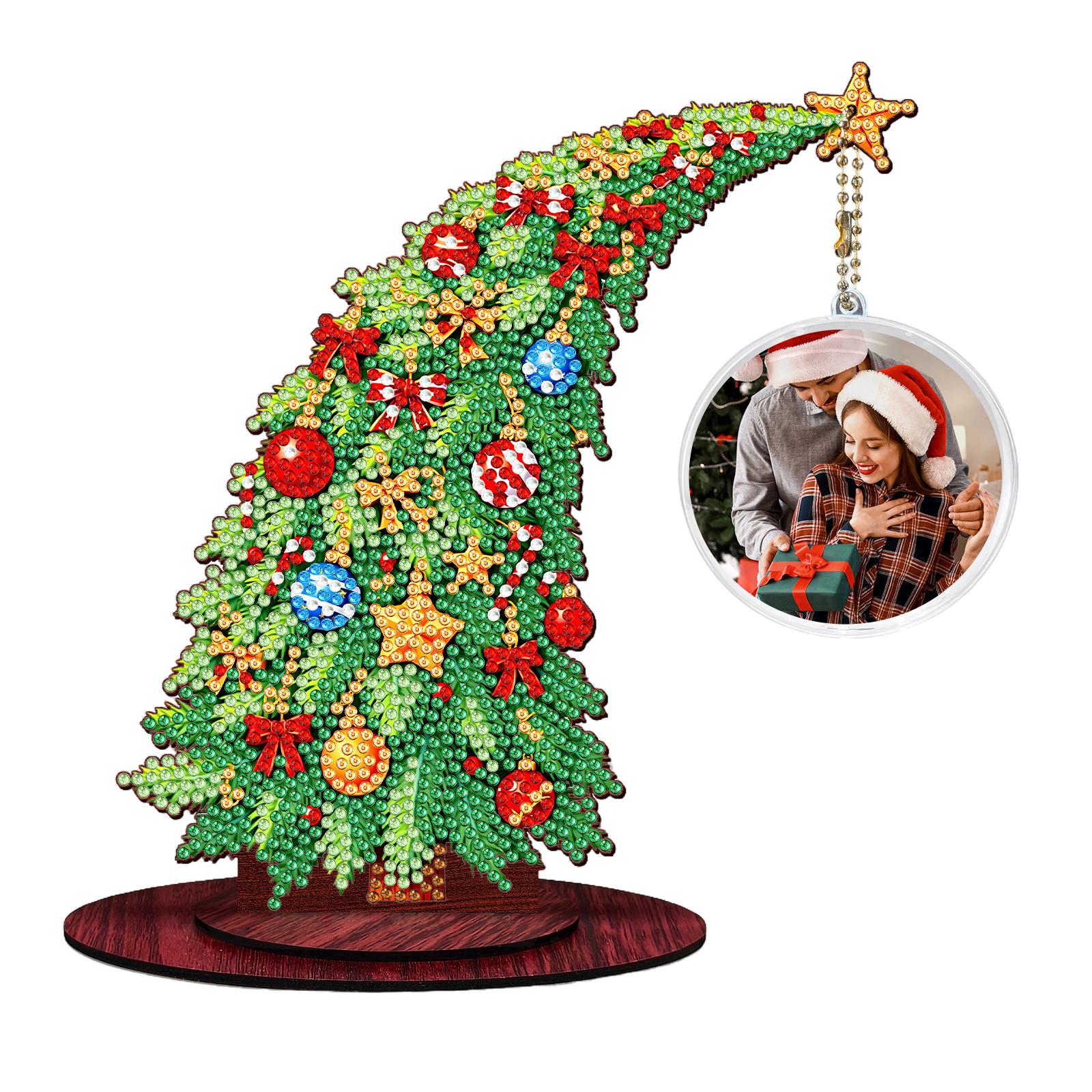 

DIY Photo Xmas Tree Diamond Painting Ornament 2D Flat Wooden Desktop Diamond Art Kits Tabletop Ornaments for Adults/Beginners