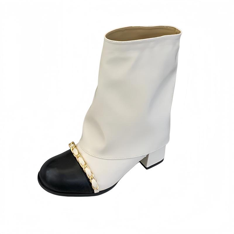 Rich and fashionable fine metal chain splicing medium boots women's autumn and winter new round head thick heel trouser tube boots sleeve