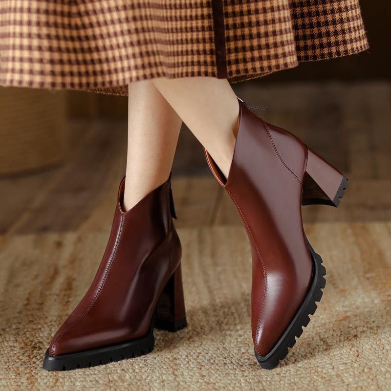 French Retro Pointed Toe Chunky Heel Ankle Boots for Women - Soft Leather, Thick Sole, Nude High Heel, Short Shaft, Autumn Style.