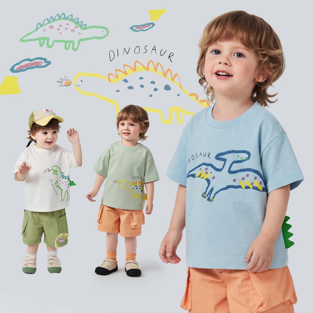 [Cotton] Mini Balabala Boys' Short sleeved T-shirt Cute Dinosaur Top Animal Pattern 2026 Summer