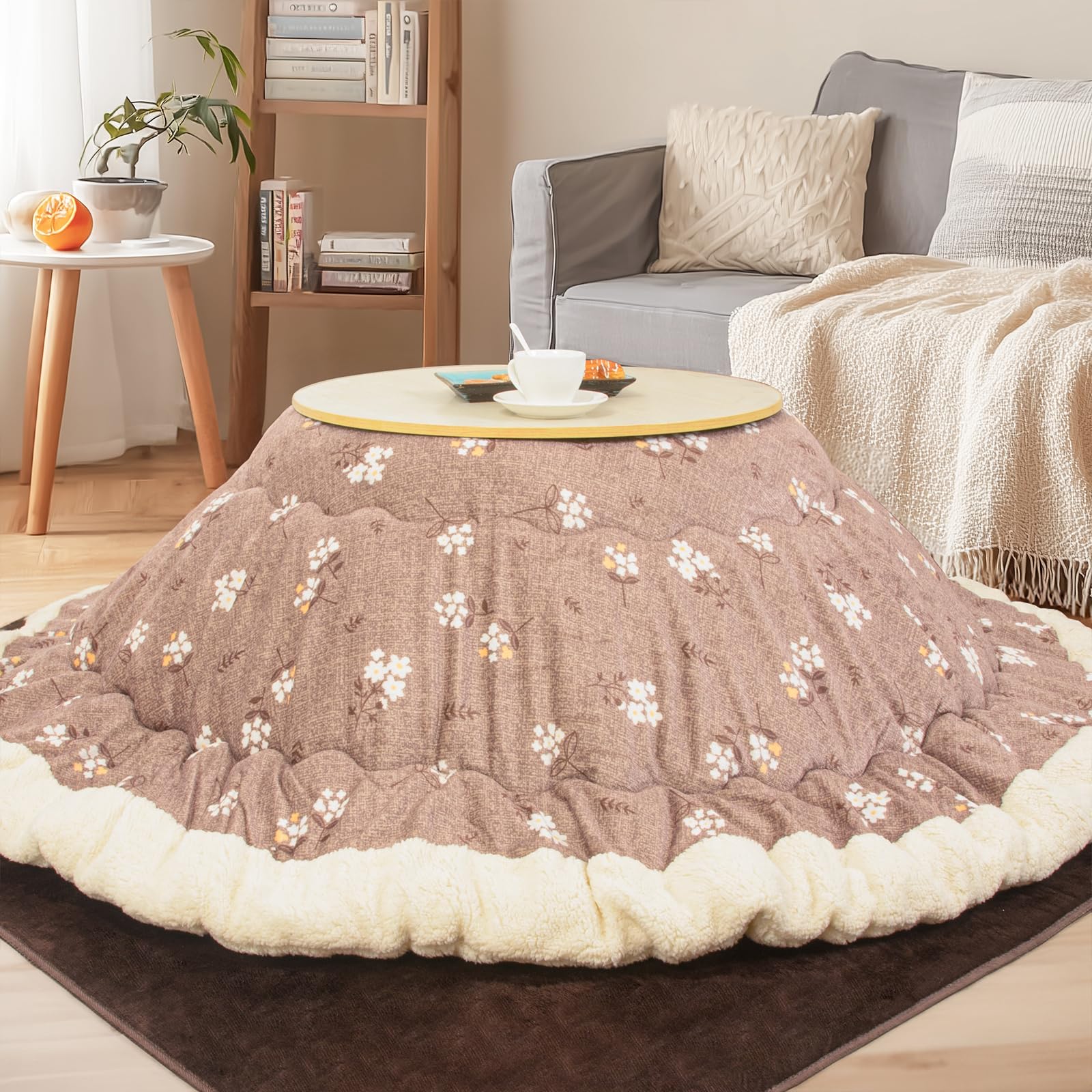 

Peto-Raifu Round Kotatsu Comforter, Thin, Flannel, Warm, Double-Sided, Simple Floral Print, Brown, Approx. 205cm Diameter