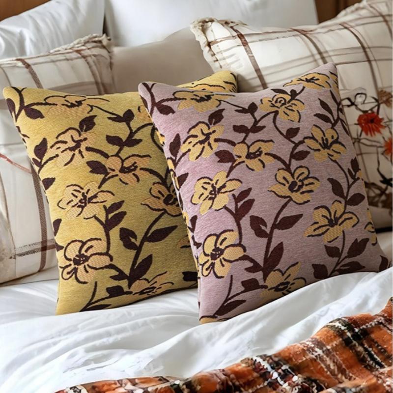 Vintage Floral Pillow Cover 45X45Cm Soft Chenille Jacquard Retro Blue Yellow Green Cushion Cover For Home Living Room Bedroom