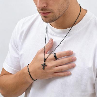 Men's 3pcs Set Stainless Steel Jewelry for Men, Cross Pendant Necklace Bracelet Ring Combo, Hip Hop Daily Wear Accessories