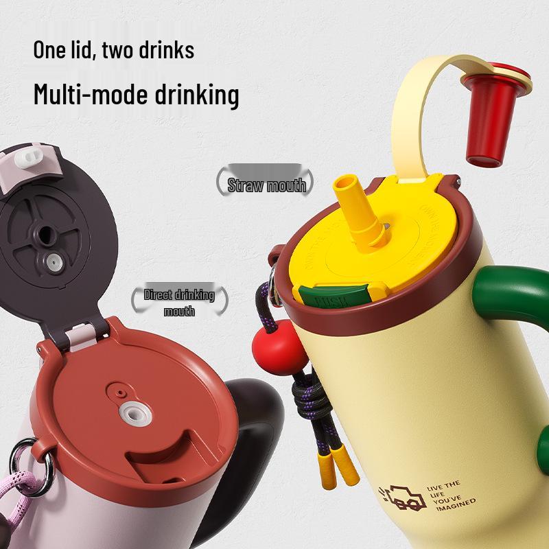 Izolowany kubek Overlord ze stali nierdzewnej z uchwytem i słomką - Duża pojemność, idealny do użytku na zewnątrz i w samochodzie.