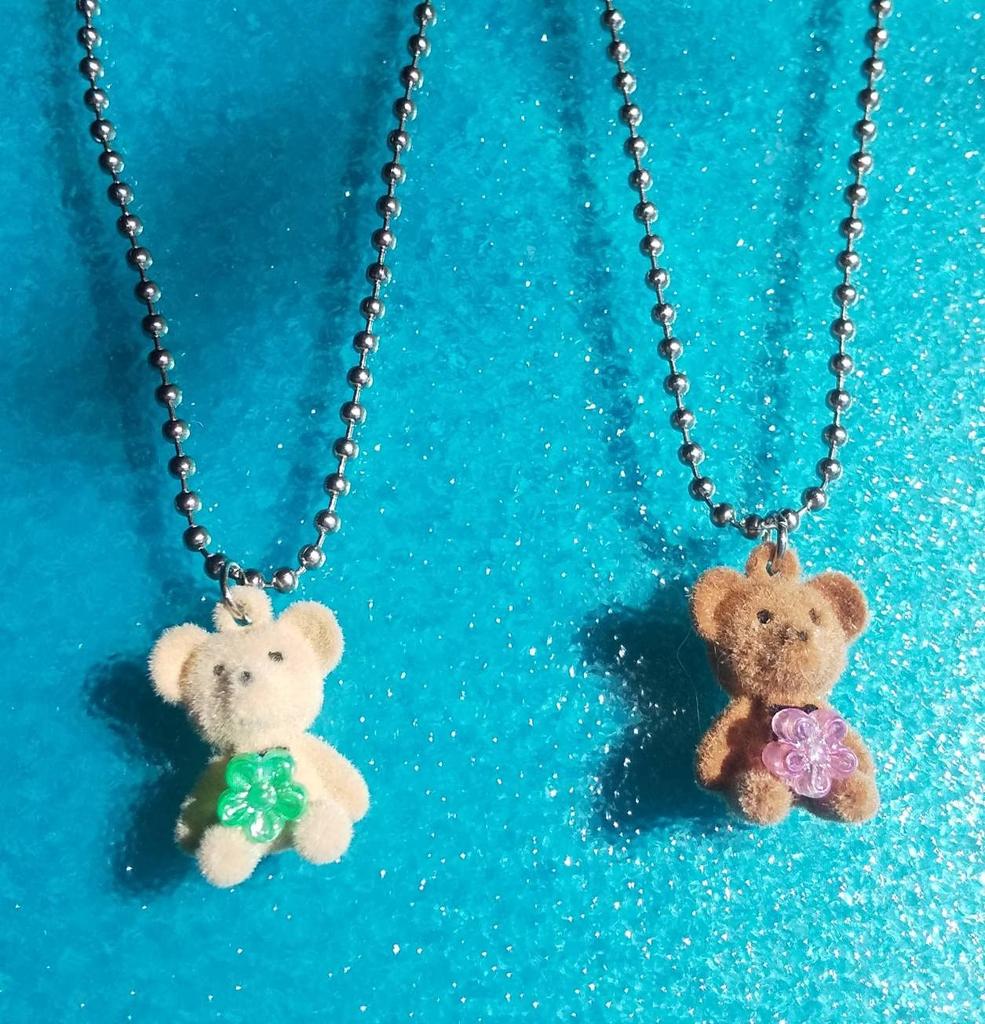 Matching Teddy Bear Necklaces for Women, White and Beige.