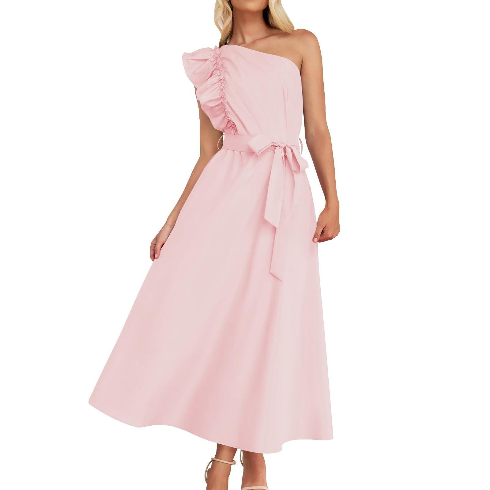 

Женские платья на одно плечо Платья с косыми плечами и деревянной сережкой на талии S розовый