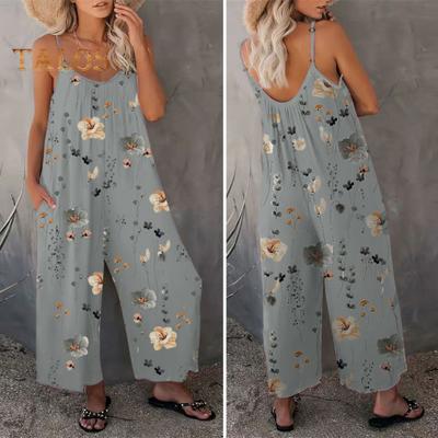 Zomer Dames Jumpsuit Verstelbare Spaghettibandjes Rugloos Mouwloos Wijde Pijpen Losse Bloemenprint Diep Kruis Zijzakken Geplooide Vakantie Strand