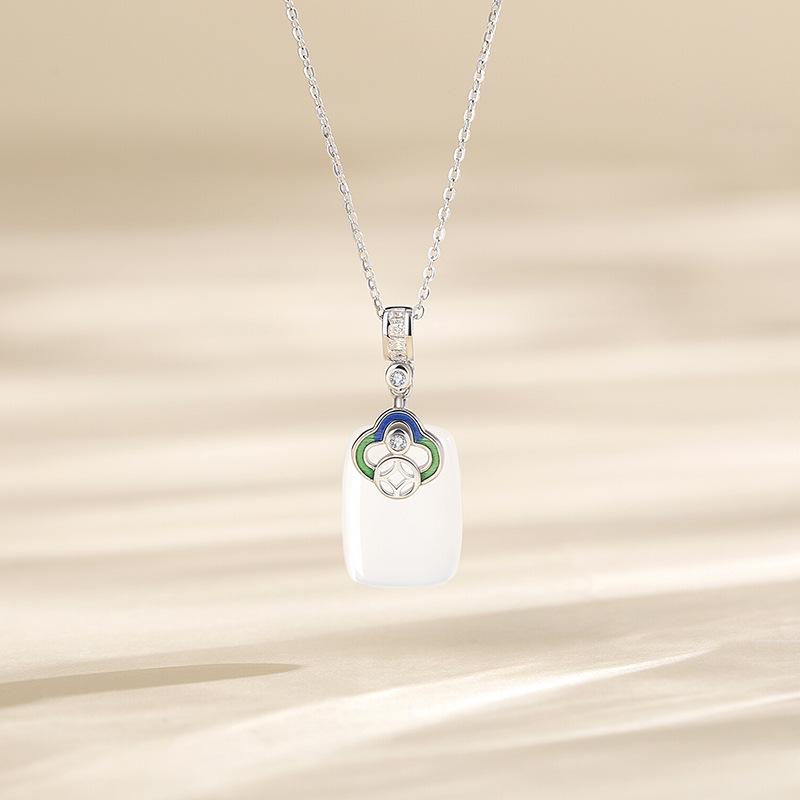 Tichiya Auspicious Clouds White Agate & Jade Necklace for Women - S925 Sterling Silver, New Chinese Style Clavicle Chain. S925 Silver