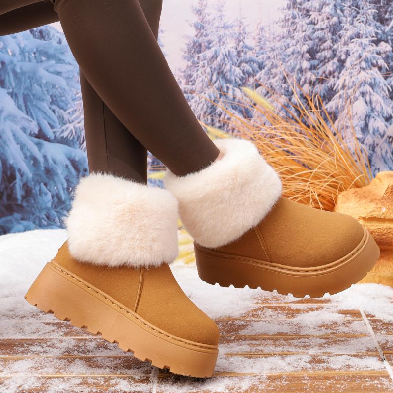 Fashion Fashion Faux Fur Mix Color Snow Boots Women 2025 Autumn Non Slip Thick Bottom Wedge Heel Ankle Boots Warm Short Plush Booties