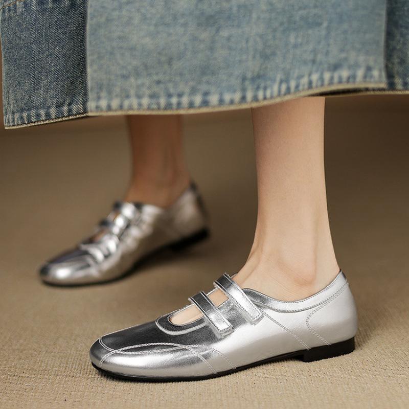 

New women s casual single shoes, four seasons wear light mouth large size lazy shoes, leather comfortable beef tendon soft bottom round head low top 40 серебряный