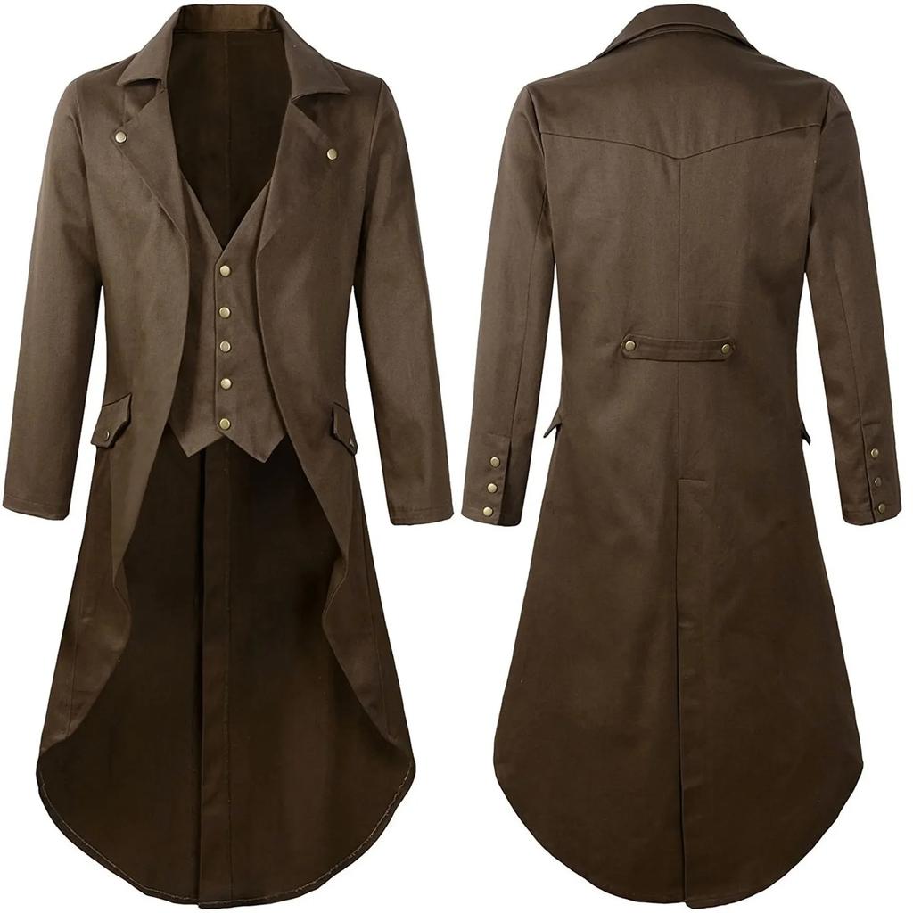 Men Steampunk Medieval Jacket Victorian Cosplay Costumes Single Breast Gentleman Vinatge Long Tailcoat Coat
