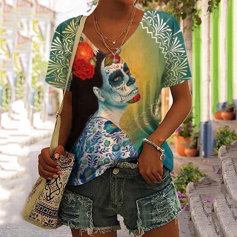 Damski T-shirt z dekoltem w serek i krótkim rękawem Letnia odzież modowa Top z nadrukiem kota Casualowy luźny T-shirt z krótkim rękawem Odzież damska