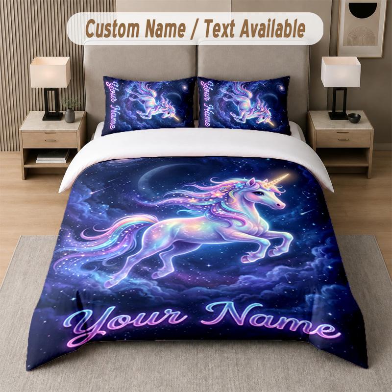 Unicorn Theme Custom Text Or Name 3Pcs Bedding Set 1 Flat Sheet & 2 Pillowcases Personalized Home Bedding