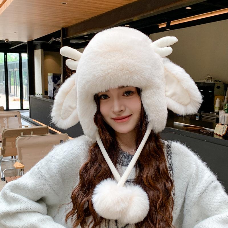 Autumn Women's Antler Plush Thickened Thunderbolt Hat Winter Big Head Circumference Outdoor Cold Fashion Ear Protection Cap