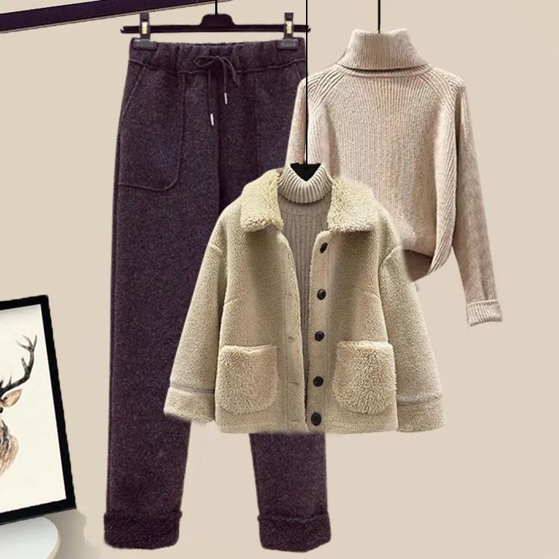Winter Lamb Plush Fur Granular Fleece Jacket Sweater Casual Pants Three-piece Fashion Professional Pants Suit Women