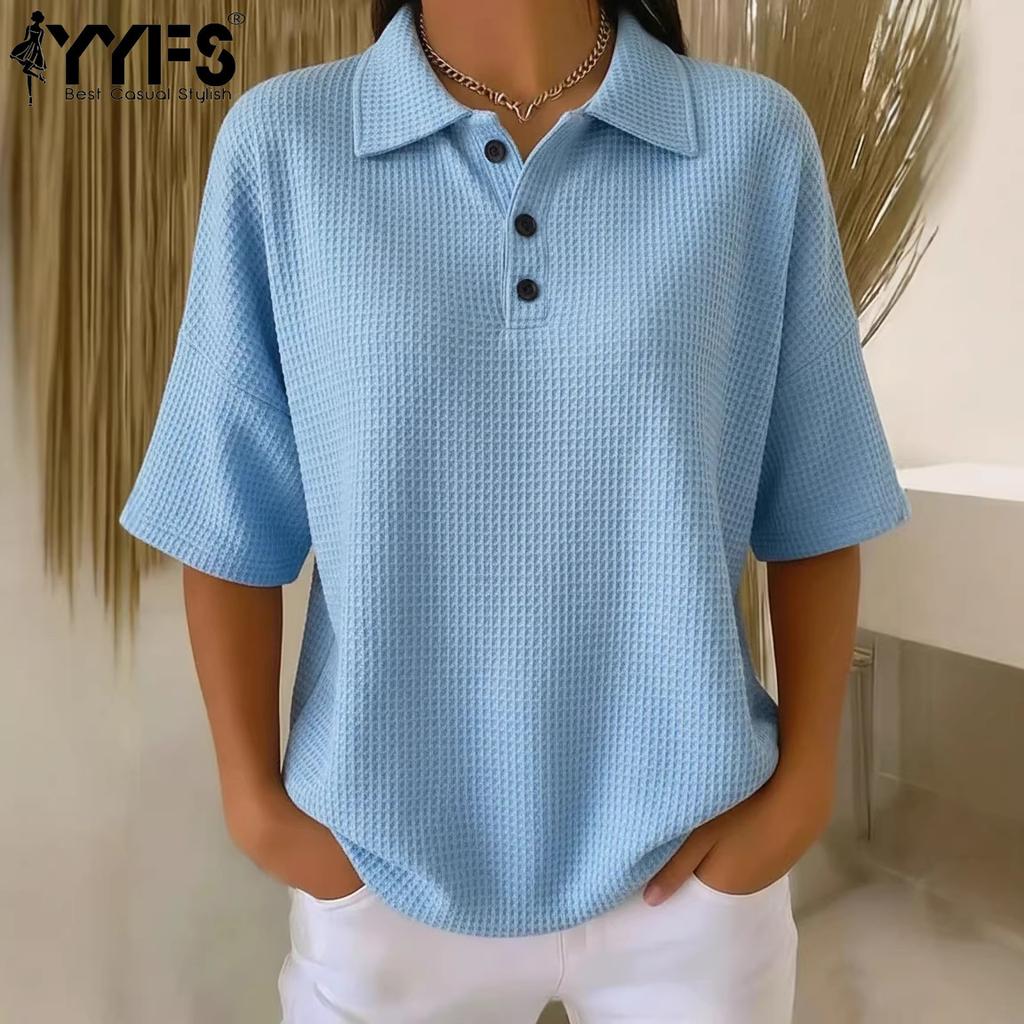 YYFS Camicette e camicie con collo a polo, maniche corte, stampa tinta unita, moda casual estate primavera