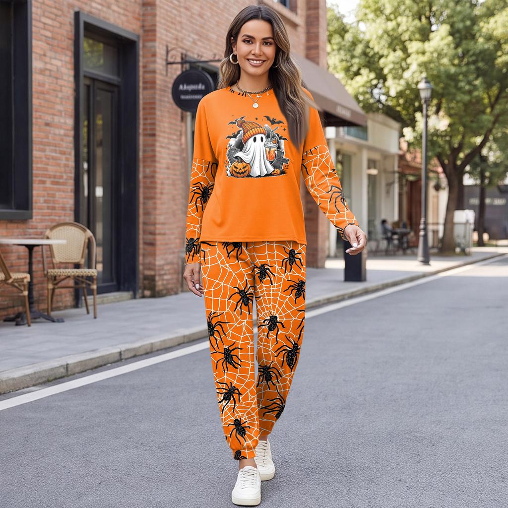Women's Casual Sweatshirt and Jogger Set with Halloween Print, Round Neck, Loose Fit, Chest Pocket