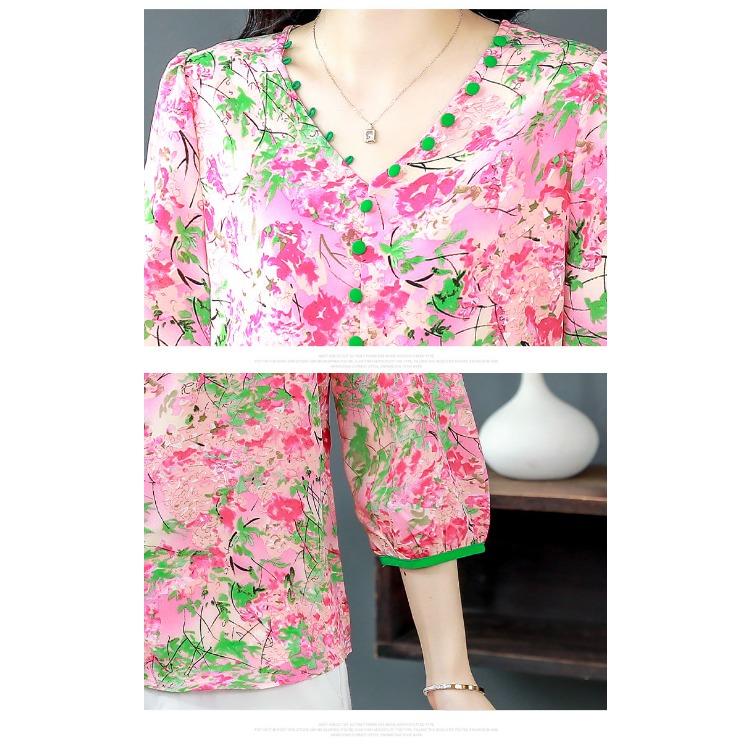 Seven Sleeve Floral Chiffon Top for Women Summer Loose V-neck Design Stylish Color and Small Shirt