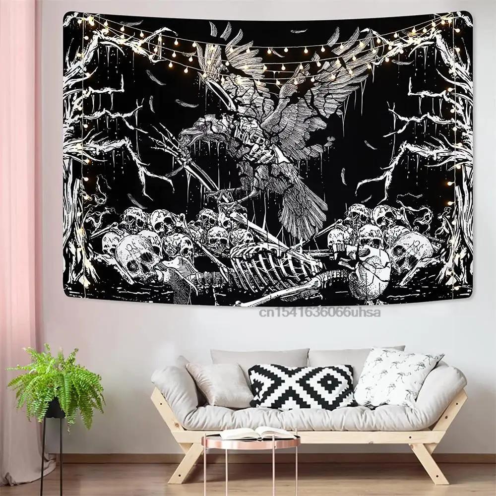 Black and White Wall Art Aesthetic Home Tapestry Gothic Skull  Psychedelic Hippie Mushroom
